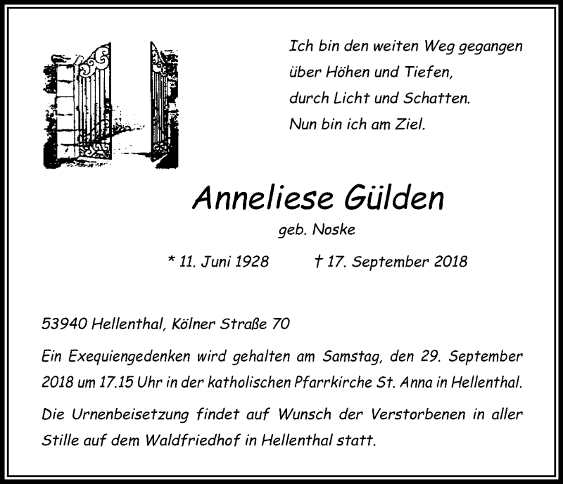  Traueranzeige für Anneliese Gülden vom 20.09.2018 aus Kölner Stadt-Anzeiger / Kölnische Rundschau / Express