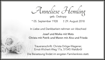 Anzeige von Anneliese Hemling von  Lokalanzeiger 