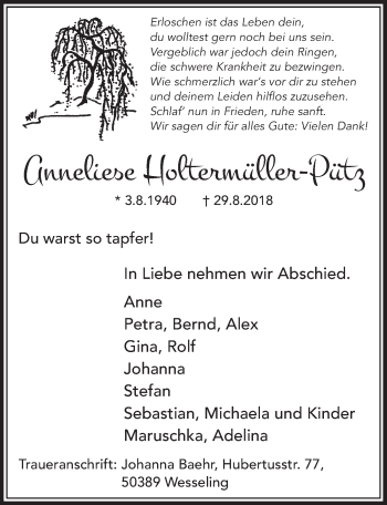 Anzeige von Anneliese Holtermüller-Pütz von  Schlossbote/Werbekurier 