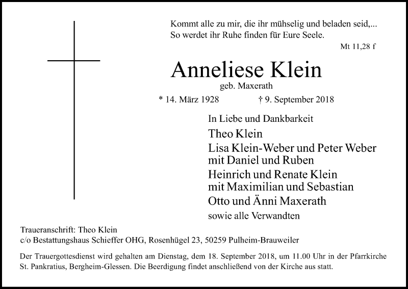  Traueranzeige für Anneliese Klein vom 15.09.2018 aus Kölner Stadt-Anzeiger / Kölnische Rundschau / Express