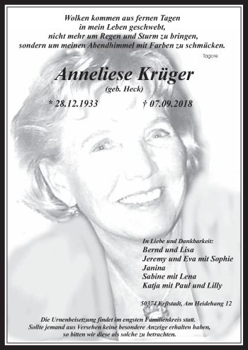 Anzeige von Anneliese Krüger von  Werbepost 
