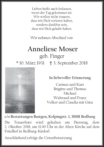 Anzeige von Anneliese Moser von  Werbepost 