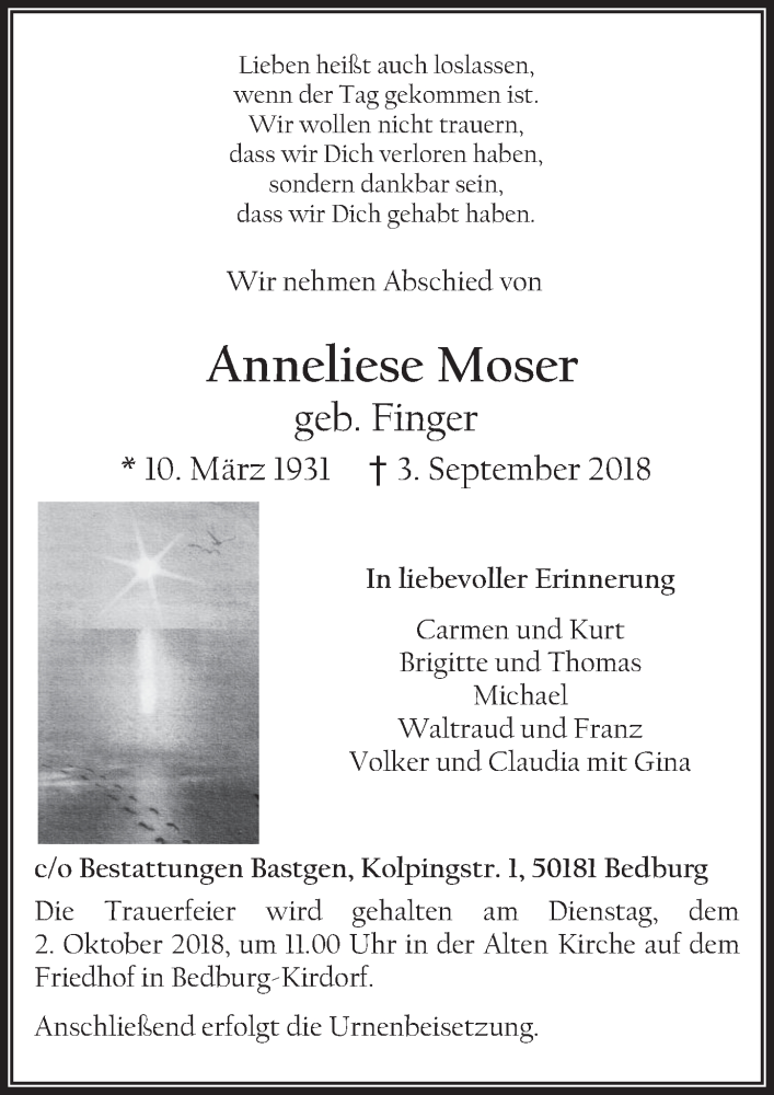  Traueranzeige für Anneliese Moser vom 26.09.2018 aus  Werbepost 