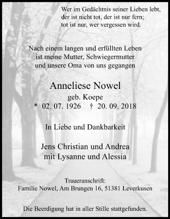 Anzeige von Anneliese Nowel von Kölner Stadt-Anzeiger / Kölnische Rundschau / Express