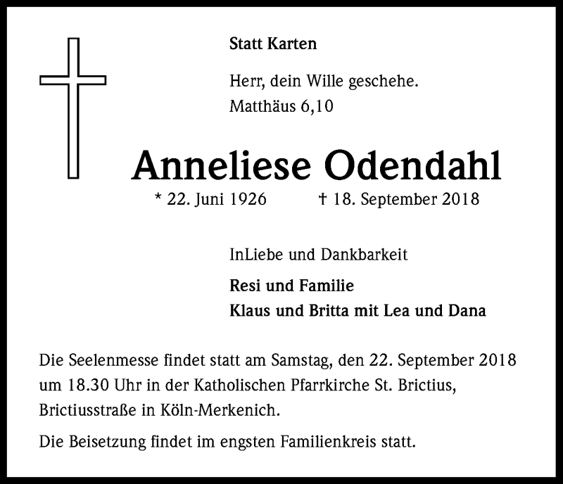  Traueranzeige für Anneliese Odendahl vom 22.09.2018 aus Kölner Stadt-Anzeiger / Kölnische Rundschau / Express