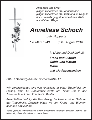 Anzeige von Anneliese Schoch von  Werbepost 