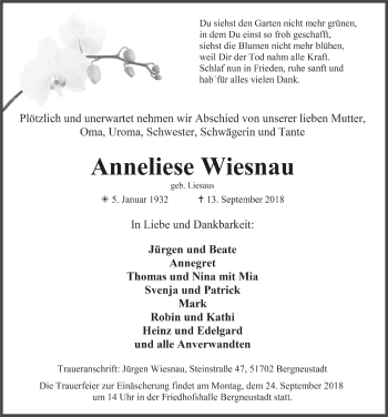 Anzeige von Anneliese Wiesnau von  Anzeigen Echo 
