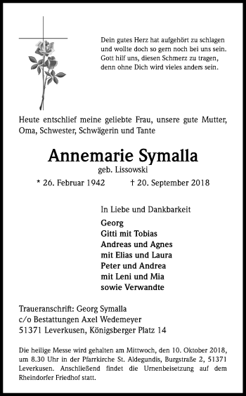Anzeige von Annemarie Symalla von Kölner Stadt-Anzeiger / Kölnische Rundschau / Express
