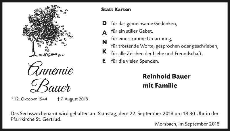  Traueranzeige für Annemie Bauer vom 19.09.2018 aus  Lokalanzeiger 