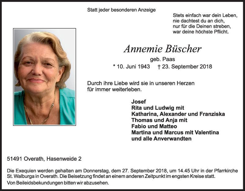  Traueranzeige für Annemie Büscher vom 25.09.2018 aus Kölner Stadt-Anzeiger / Kölnische Rundschau / Express