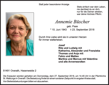 Anzeige von Annemie Büscher von Kölner Stadt-Anzeiger / Kölnische Rundschau / Express