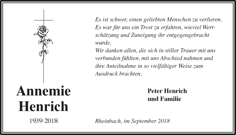  Traueranzeige für Annemie Henrich vom 05.09.2018 aus  Schaufenster/Blickpunkt 