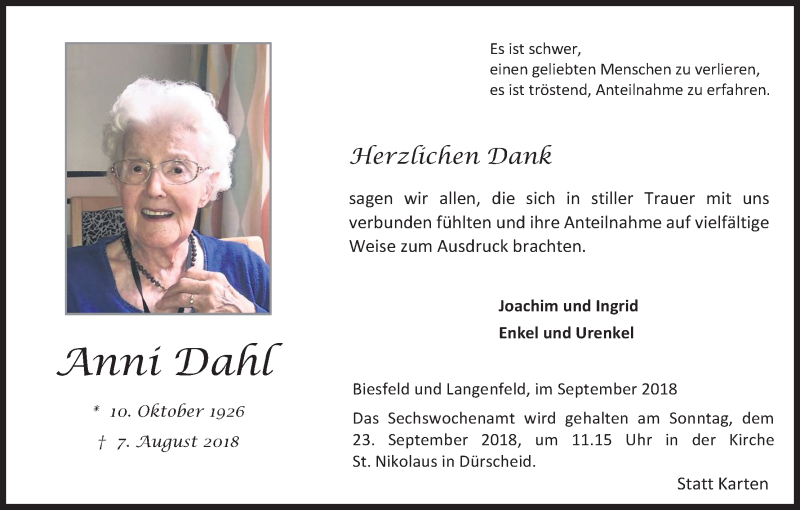  Traueranzeige für Anni Dahl vom 15.09.2018 aus Kölner Stadt-Anzeiger / Kölnische Rundschau / Express