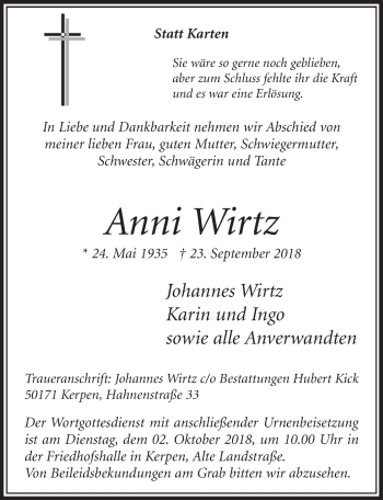 Anzeige von Anni Wirtz von  Sonntags-Post 