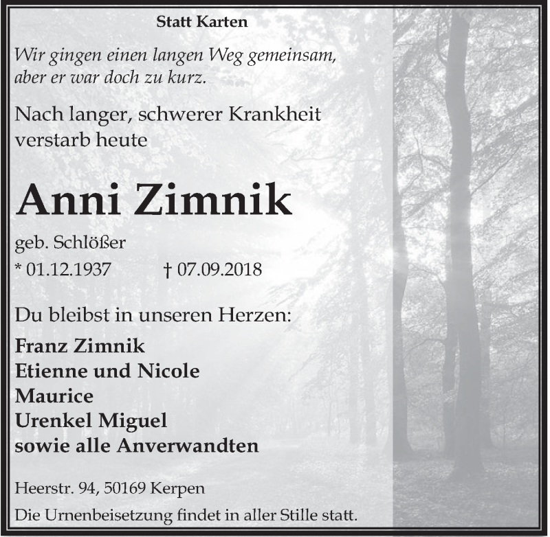  Traueranzeige für Anni Zimnik vom 19.09.2018 aus  Werbepost 