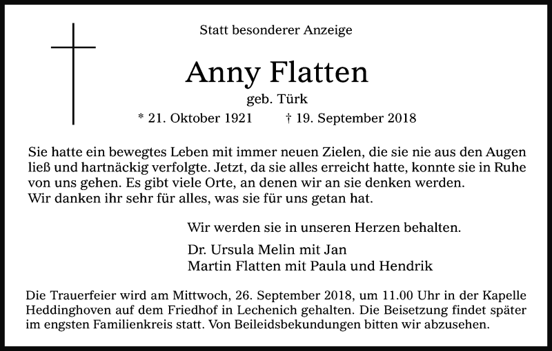  Traueranzeige für Anny Flatten vom 22.09.2018 aus Kölner Stadt-Anzeiger / Kölnische Rundschau / Express