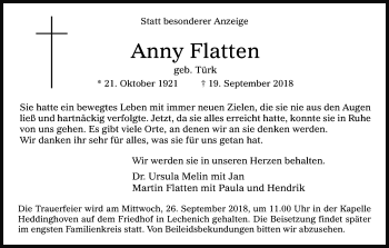 Anzeige von Anny Flatten von Kölner Stadt-Anzeiger / Kölnische Rundschau / Express