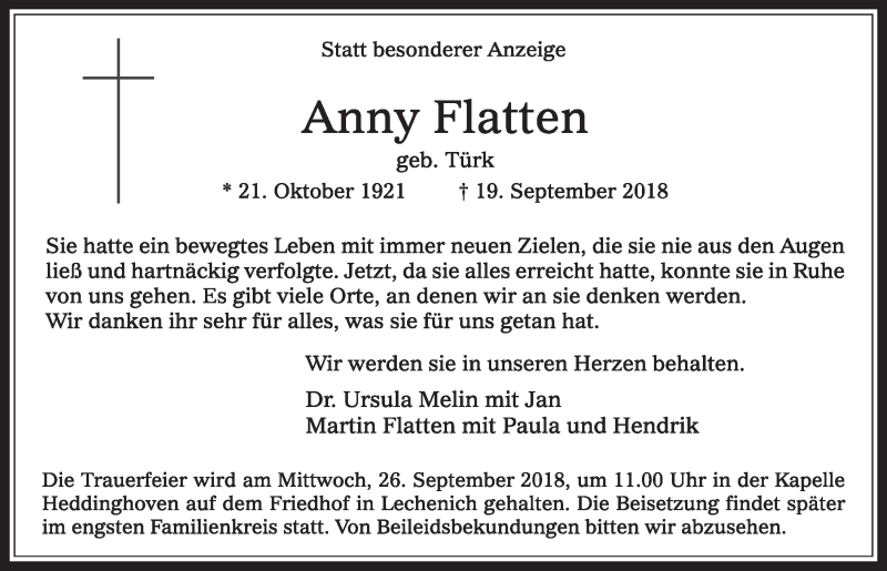  Traueranzeige für Anny Flatten vom 22.09.2018 aus  Sonntags-Post 
