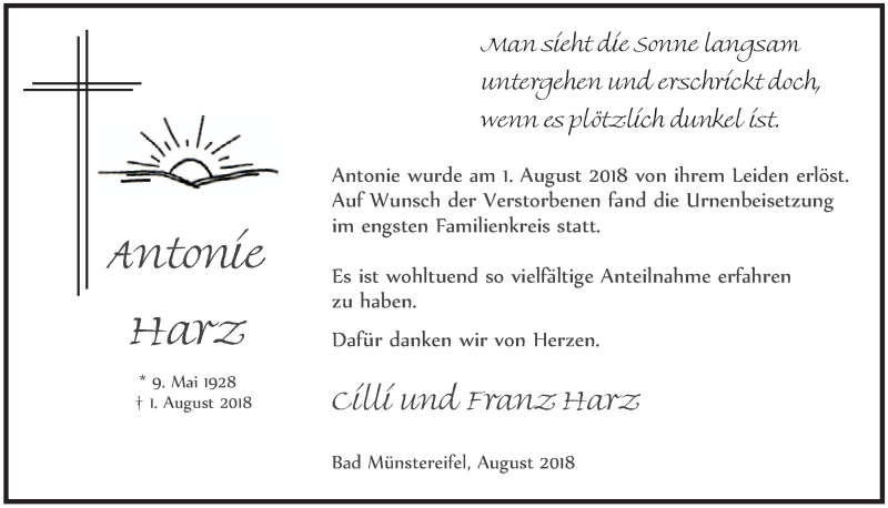  Traueranzeige für Antonie Harz vom 15.09.2018 aus  Blickpunkt Euskirchen 