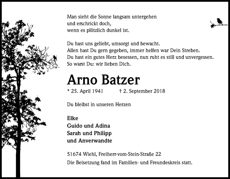  Traueranzeige für Arno Batzer vom 08.09.2018 aus Kölner Stadt-Anzeiger / Kölnische Rundschau / Express