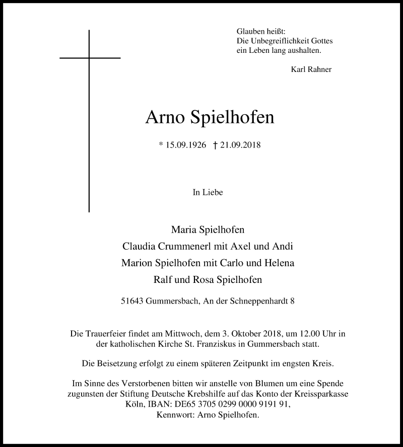  Traueranzeige für Arno Spielhofen vom 29.09.2018 aus Kölner Stadt-Anzeiger / Kölnische Rundschau / Express
