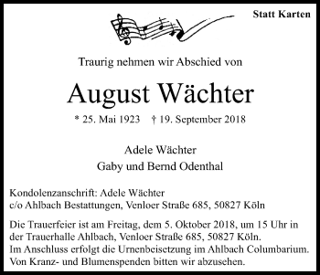 Anzeige von August Wächter von Kölner Stadt-Anzeiger / Kölnische Rundschau / Express
