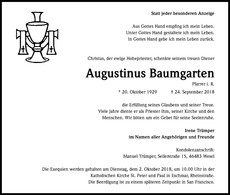  Traueranzeige für Augustinus Baumgarten vom 29.09.2018 aus Kölner Stadt-Anzeiger / Kölnische Rundschau / Express