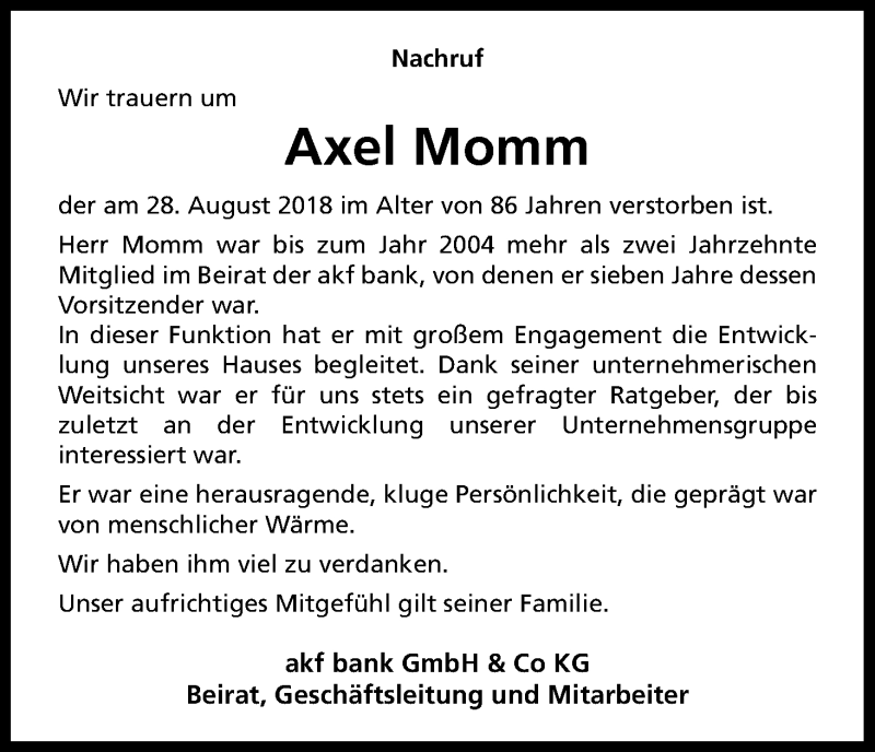  Traueranzeige für Axel Momm vom 12.09.2018 aus Kölner Stadt-Anzeiger / Kölnische Rundschau / Express