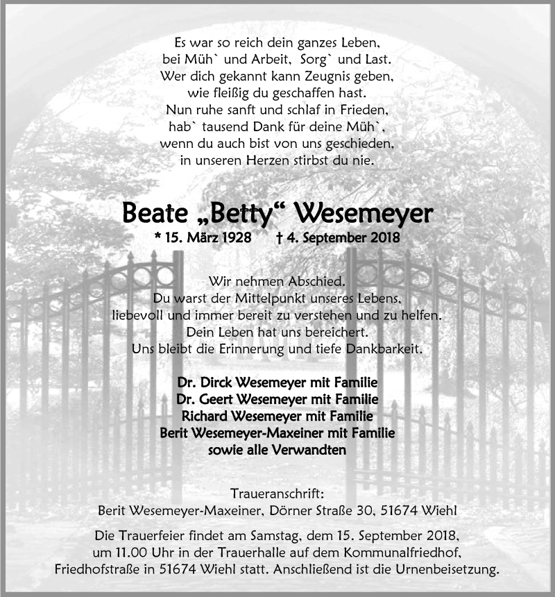  Traueranzeige für Beate Wesemeyer vom 12.09.2018 aus  Anzeigen Echo 
