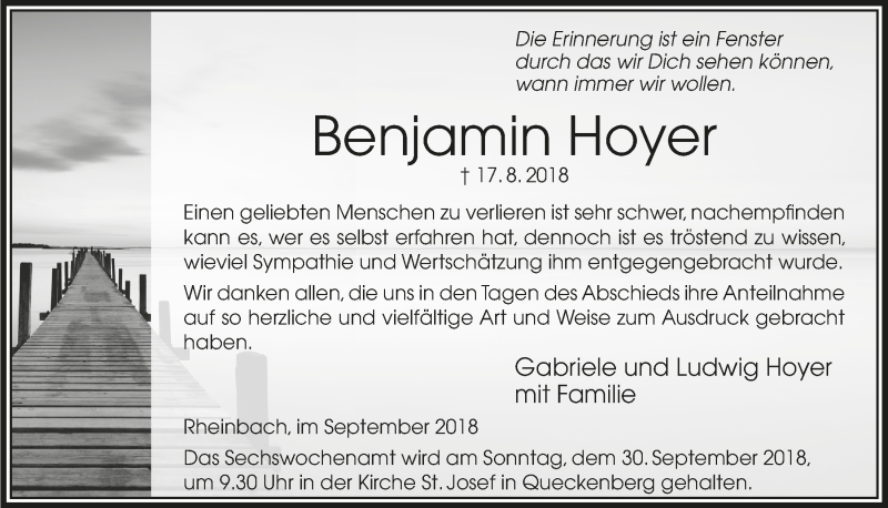  Traueranzeige für Benjamin Hoyer vom 26.09.2018 aus  Schaufenster/Blickpunkt 