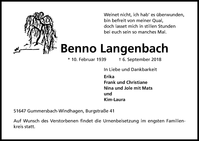  Traueranzeige für Benno Langenbach vom 12.09.2018 aus Kölner Stadt-Anzeiger / Kölnische Rundschau / Express
