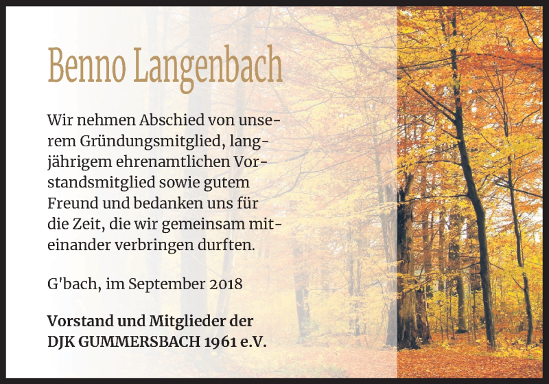  Traueranzeige für Benno Langenbach vom 19.09.2018 aus Kölner Stadt-Anzeiger / Kölnische Rundschau / Express