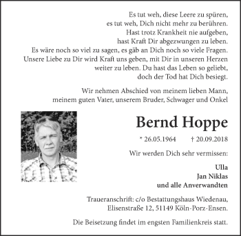Anzeige von Bernd Hoppe von  Kölner Wochenspiegel 