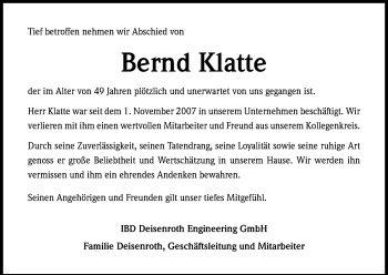 Anzeige von Bernd Klatte von Kölner Stadt-Anzeiger / Kölnische Rundschau / Express