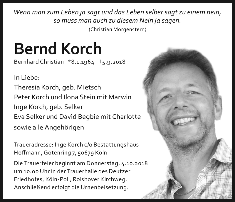 Traueranzeige für Bernd Korch vom 29.09.2018 aus Kölner Stadt-Anzeiger / Kölnische Rundschau / Express