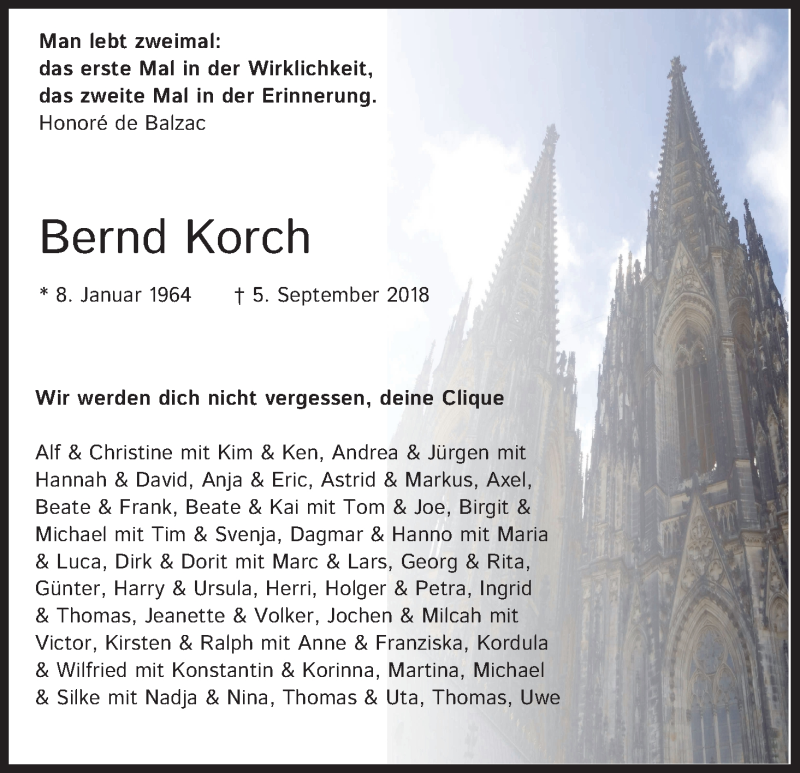  Traueranzeige für Bernd Korch vom 15.09.2018 aus Kölner Stadt-Anzeiger / Kölnische Rundschau / Express