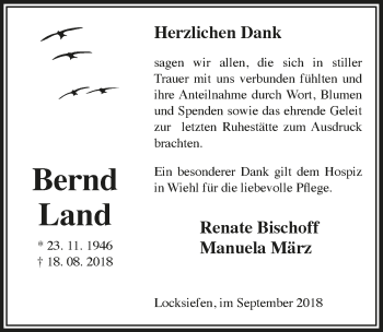 Anzeige von Bernd Land von  Lokalanzeiger 