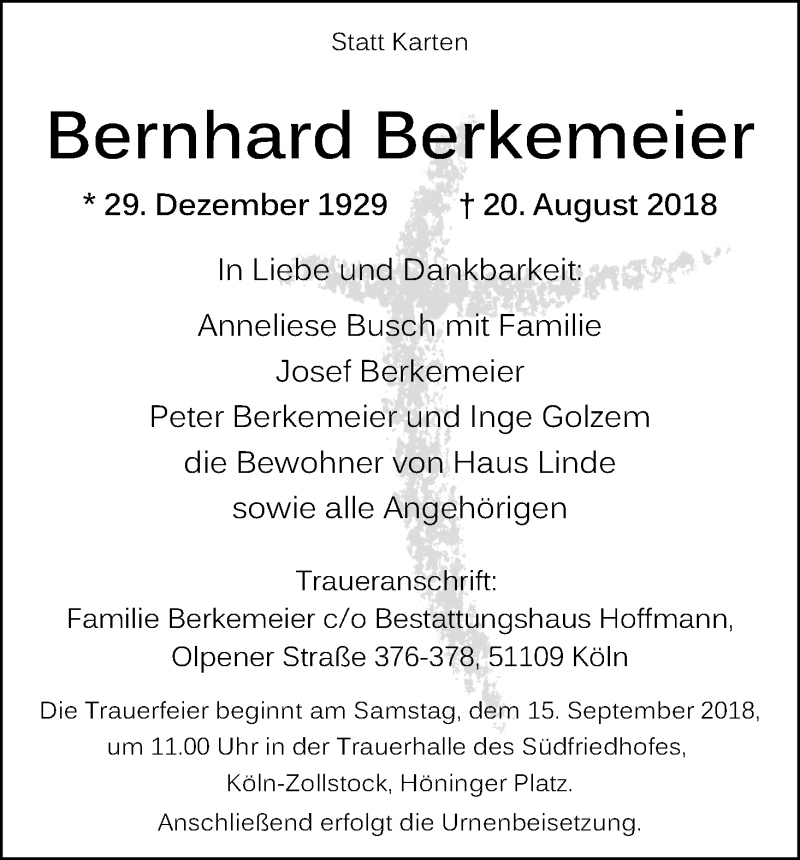  Traueranzeige für Bernhard Berkemeier vom 12.09.2018 aus Kölner Stadt-Anzeiger / Kölnische Rundschau / Express
