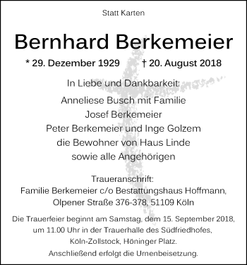 Anzeige von Bernhard Berkemeier von Kölner Stadt-Anzeiger / Kölnische Rundschau / Express