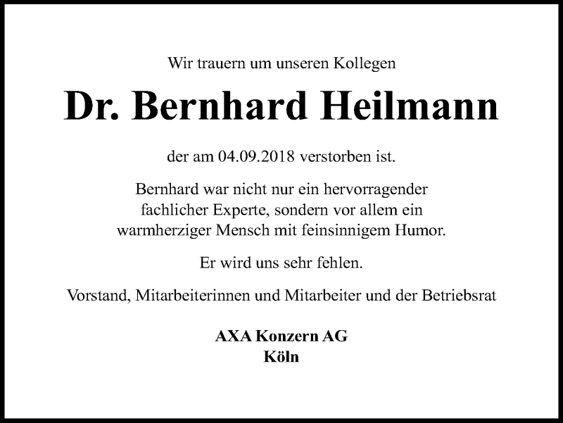  Traueranzeige für Bernhard Heilmann vom 22.09.2018 aus Kölner Stadt-Anzeiger / Kölnische Rundschau / Express