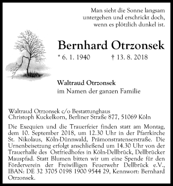 Anzeige von Bernhard Otrzonsek von Kölner Stadt-Anzeiger / Kölnische Rundschau / Express