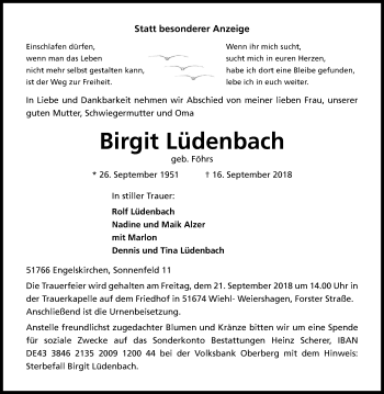 Anzeige von Birgit Lüdenbach von Kölner Stadt-Anzeiger / Kölnische Rundschau / Express