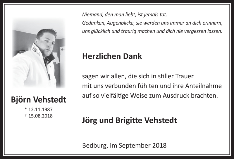  Traueranzeige für Björn Vehstedt vom 19.09.2018 aus  Werbepost 