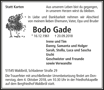 Anzeige von Bodo Gade von  Lokalanzeiger 