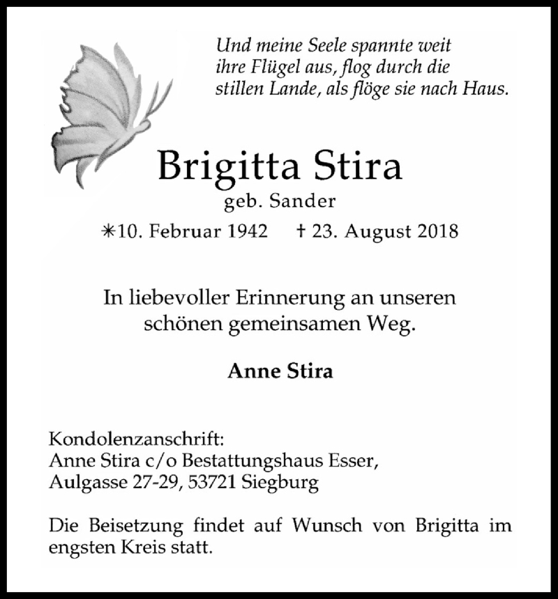  Traueranzeige für Brigitta Stira vom 08.09.2018 aus Kölner Stadt-Anzeiger / Kölnische Rundschau / Express