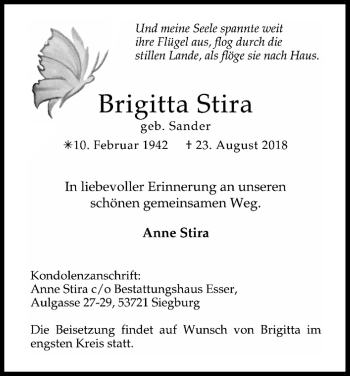 Anzeige von Brigitta Stira von Kölner Stadt-Anzeiger / Kölnische Rundschau / Express