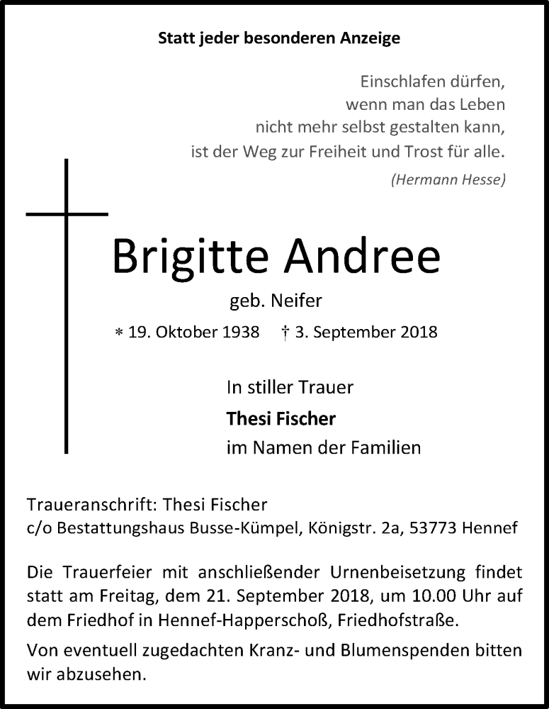  Traueranzeige für Brigitte Andree vom 08.09.2018 aus Kölner Stadt-Anzeiger / Kölnische Rundschau / Express