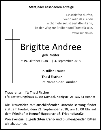 Anzeige von Brigitte Andree von Kölner Stadt-Anzeiger / Kölnische Rundschau / Express