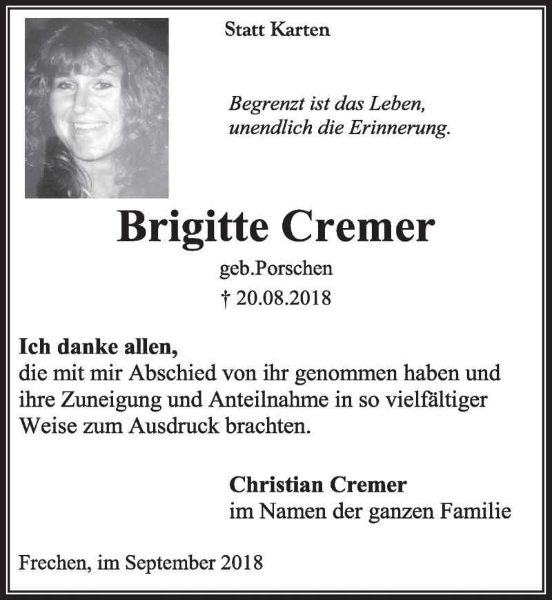  Traueranzeige für Brigitte Cremer vom 22.09.2018 aus  Sonntags-Post 