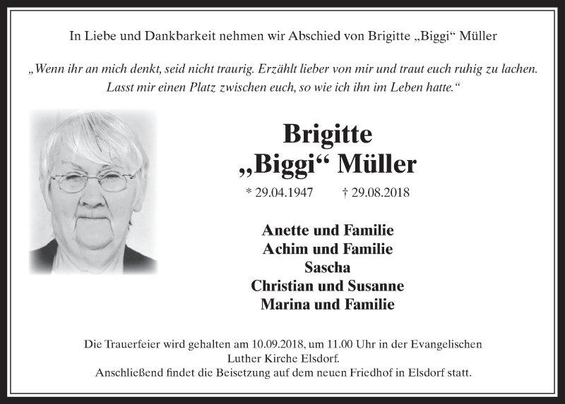  Traueranzeige für Brigitte Müller vom 05.09.2018 aus  Werbepost 